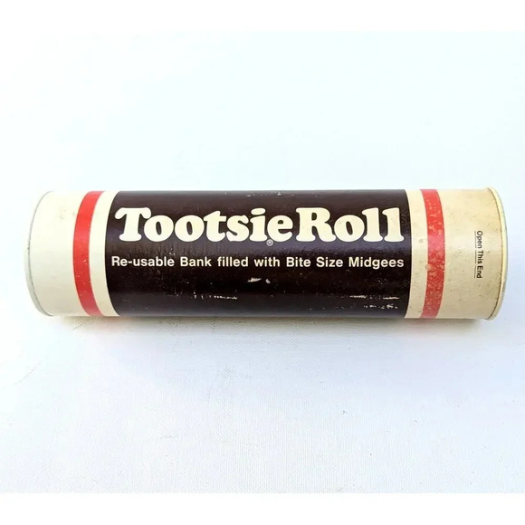 Tootsie Roll Other - Vintage 1970s Tootsie Roll Bank 7.5" Cardboard & Metal Lid with Coin Slot